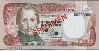 Colombia 500 Pesos Oro 20.  7.  1984 P 423s1 Specimen Uncirculated Banknote