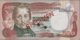 Colombia 500 Pesos Oro 20.  7.  1986 P 423s1 Specimen Uncirculated Banknote