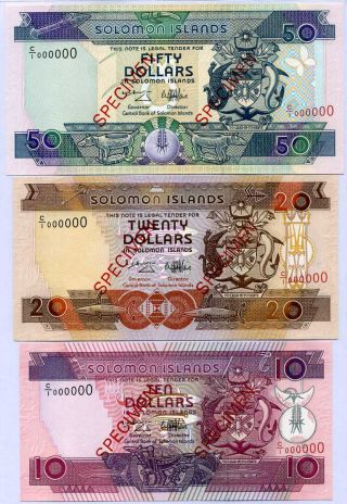 Solomon Islands Set 3 Unc 10 20 50 100 Dollars Nd 1996 P 20 21 22 Specimen 00000