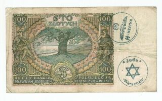 German - Poland Occupation Banknote 100 Zlotych With Third Reich Stamped
