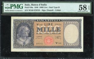 Italy 1000 Lira,  1948 Pick 88a - Pmg Choice Au58 Epq
