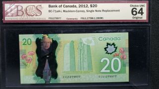 Bank Of Canada 2012 $20 Bc - 71aa - I Macklem - Carney Fis Single Note Replmnt Cunc64