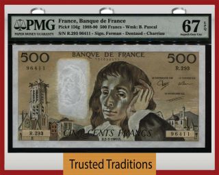 Tt Pk 156g 1988 - 90 France Banque 500 Francs Pascal Pmg 67 Epq Gem Unc