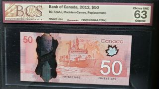 Bank Of Canada 2012 $50 Bc - 72aa - I Macklem - Carney Replacement Cunc63 Fmv8621692