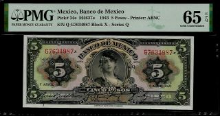 Mexico 5 Pesos 1943 Pmg 65 Epq Unc P 34e Banco De Mexico Pmg Population 6/2