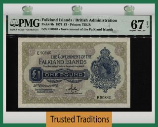 Tt Pk 8 1974 Falkland Islands 1 Pound Queen Elizabeth Ii Pmg 67 Epq Gem