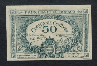 Monaco 50 Centimes (1920) E Pick 3a Vf.