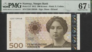 Tt Pk 51f 2012 Norway Norges Bank 500 Kroner S.  Undste Pmg 67 Epq Gem