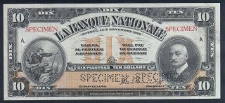 1922 Quebec Banque Nationale 10 Dollars Chartered Bank Note Specimen