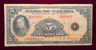 1935 Bank Of Canada $5 Banknote English Five Dollar