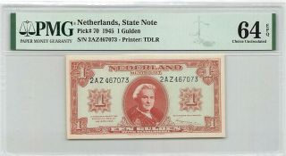 Netherlands 1 Gulden 1945 State Note Pick 70 Pmg Choice Uncirculated 64 Epq