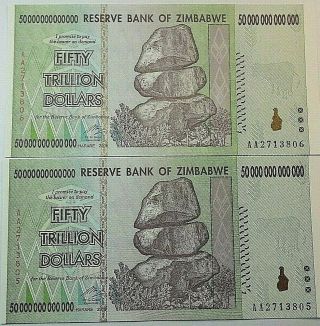 2 Notes 50 Trillion Zimbabwe Dollar Aa 2008 Uncirculated Billion Million