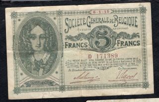 5 Francs Societe General De Belgique 1915 Good/vg