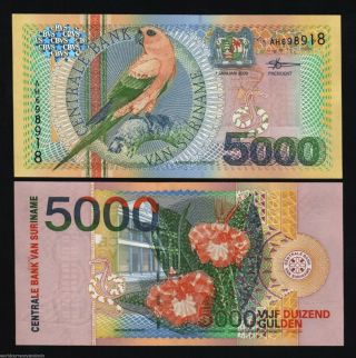 Suriname 5000 5,  000 Gulden P152 2000 Millennium Bird Snake Unc Money Bill Note