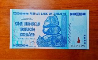 2008 Zimbabwe 100 Trillion Dollar Note,  Aa,  Uncirculated,