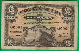 Gibraltar 5 Pounds 1942,  P16a,  Early Scarce Date W/ Fancy Serial No Other@ebay
