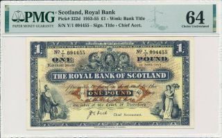 Royal Bank Scotland 1 Pound 1953 S/no Xx4455 Pmg 64