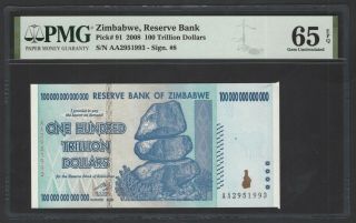 Zimbabwe 100 Trillion Dollars 2008 P91 Uncirculated Graded 65