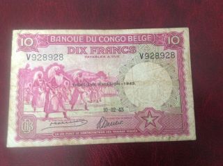 10 Belgian Congo Francs Banknote Dated 10/2/43