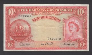 Bahamas 10 Shillings P14c Nd (1953),  Good Very Fine