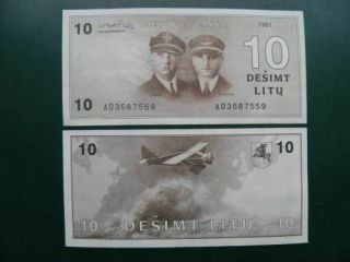 Banknote Lithuania 10 Litu 1991 P - 47a Aviators Plane Airplane