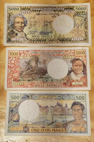 Tahiti 500,  1000,  5000 Francs Papeete French Emission D 