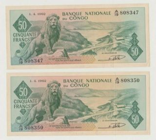 Congo P 5 Lion 2 X 50 Francs 1.  4.  1962 Au/unc