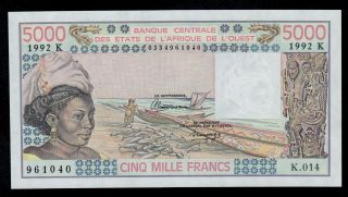 West African States 5000 Francs 1992 Senegal Pick 708kp Au.