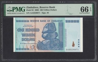 Zimbabwe 100 Trillion Dollars 2008 Unc (pick 91) Pmg - 66 Epq (aa3520871)