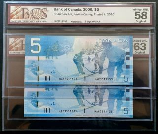 2006 Bank Of Canada $5 Set Of 2 Notes 3 Digit Radar & Fancy Serial Bcs
