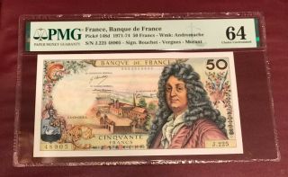 France French 50 Franc Bank Note 1973 Pmg 64 Unc Pick 148d Racine