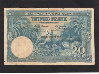 Belgian Congo 20 Francs P - 15h 1950 G,  /vg