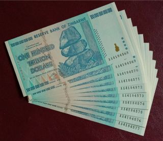 1 X Zimbabwe $100 Trillion Dollar Banknote Uncirculated Aa Serial