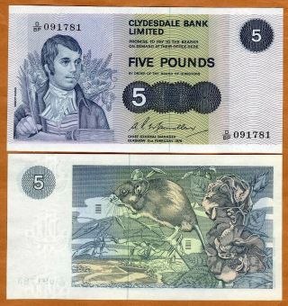 Scotland,  Clydesdale Bank,  5 Pounds,  1976,  P - 205c,  Unc Robert Burns