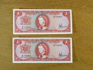 Banknote 1964 Central Bank Of Trinidad And Tobago 1 Dollar Pair Consec Numbers