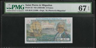 Saint Pierre & Miquelon 5 Francs 1950 - 60 Pmg 67 Epq Unc Pick 22