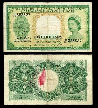 Malaya & British Borneo 5 Dollars 1953 P 2 Vf See Scan