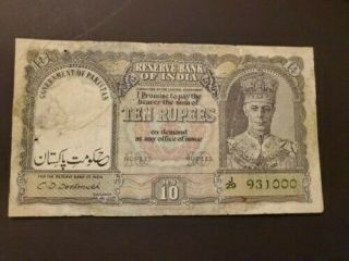 British India Pakistan 10 Rupee Overprint Note Kg Vi 1948