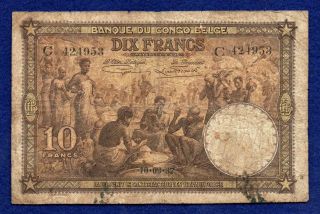 Belgian Congo,  1937 10 Francs Banknote,  Very Scarce (ref.  B1006)