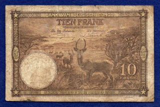 Belgian Congo,  1937 10 Francs Banknote,  Very Scarce (Ref.  b1006) 2