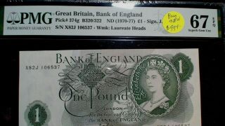 1970 - 77 ONE POUND Great Britain BANK OF ENGLAND PMG GEM UNC 67 EPQ 1P NOTE 2