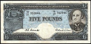 1954 - 59 Australia £5 Pounds Banknote Tb/27 702846 Vf P - 31a
