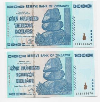 2 X Zimbabwe 100 Trillion Dollars 2008 Aa Circulated