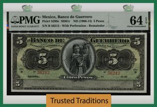 Tt Pk S298c Nd (1906 - 14) Mexico Banco De Guerrero 5 Pesos Remainder Pmg 64 Epq