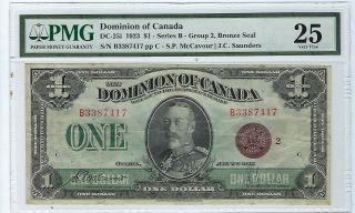 1923 $1 Dominion Of Canada Currency Dc - 25i Bronze Seal Pmg Vf 25