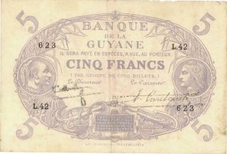 French Guiana 5 Francs Currency Banknote L.  1901
