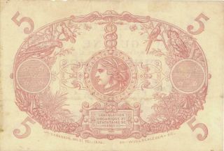 French Guiana 5 Francs Currency Banknote L.  1901 2