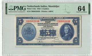 Netherlands Indies 5 Gulden 1943 Indonesia Abnc Pick 113 Pmg Choice Unc 64