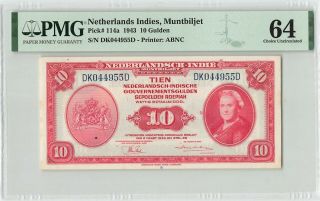 Netherlands Indies 10 Gulden 1943 Indonesia Abnc Pick 114 Pmg Choice Unc 64