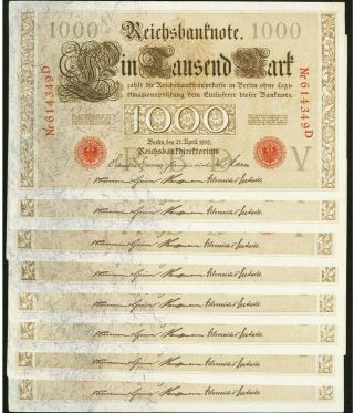 Germany Reichsbanknote 1000 Mark 21.  4.  1910 Pick 44a,  Eight Consecutive Examples